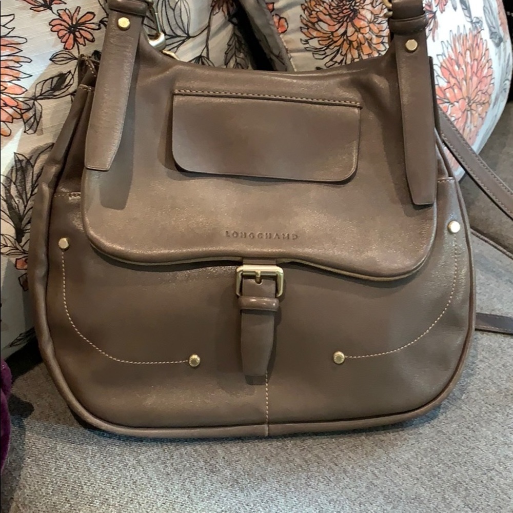 Longchamp grey leather shoulder bag authentic